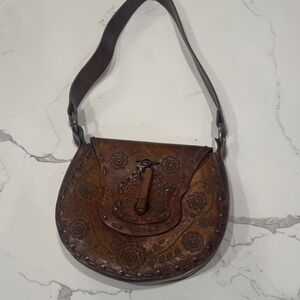 Vintage Brown Floral Tooled Leather Saddle Bag